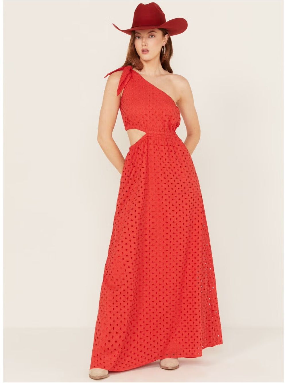 Show Me Your Mumu Take Me Out Maxi Dress Red Eyelet One Shoulder Cutout XXL